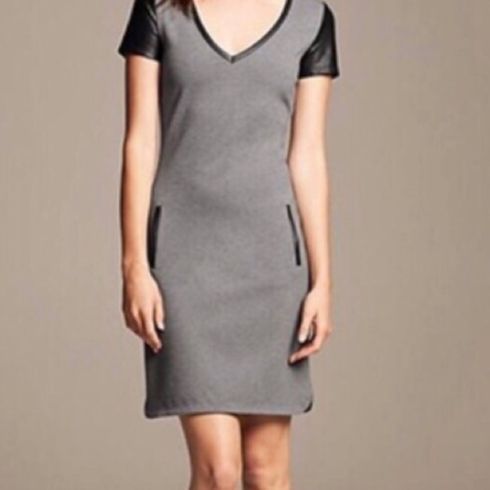 Banana Republic Grey Dress w/ Leather sleeves.